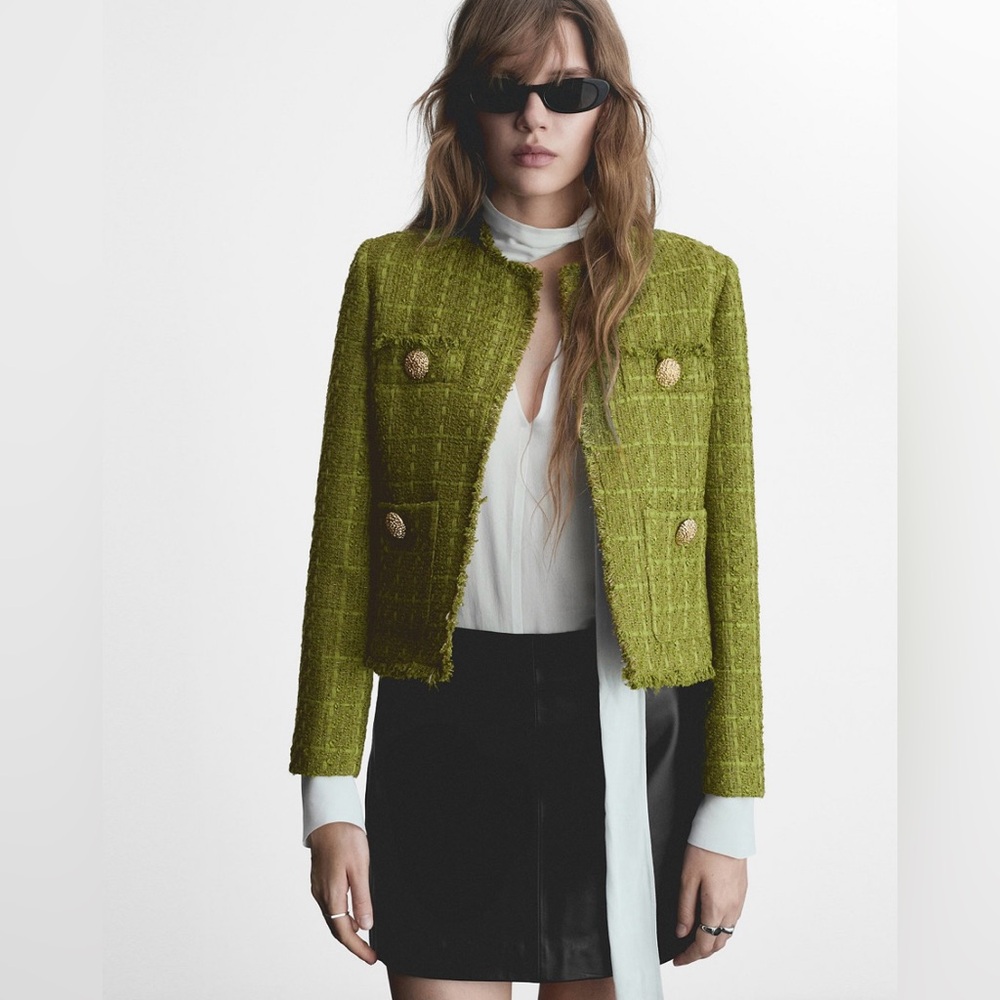 Mango Women’s Jewel Buttons Tweed Jacket (XS; Olive Green)